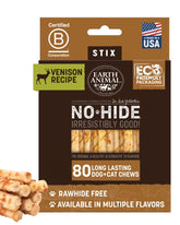 Earth Animal No Hide Stix venison pack shot—long-lasting, rawhide-free chew for small dogs.