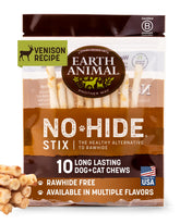 Earth Animal No Hide Stix venison packaging showing USA-made rawhide-free chew.