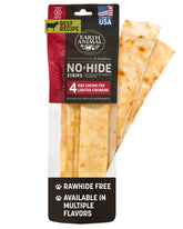 Earth Animal No Hide Strips beef 4count packaging, dental-friendly rawhide-free dog snack.