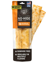 Earth Animal No-Hide Strips chicken pack shot highlights a digestible chew for dogs.