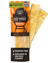 Earth Animal No-Hide Strips pack shot shows a natural dog chew for quick snacks.