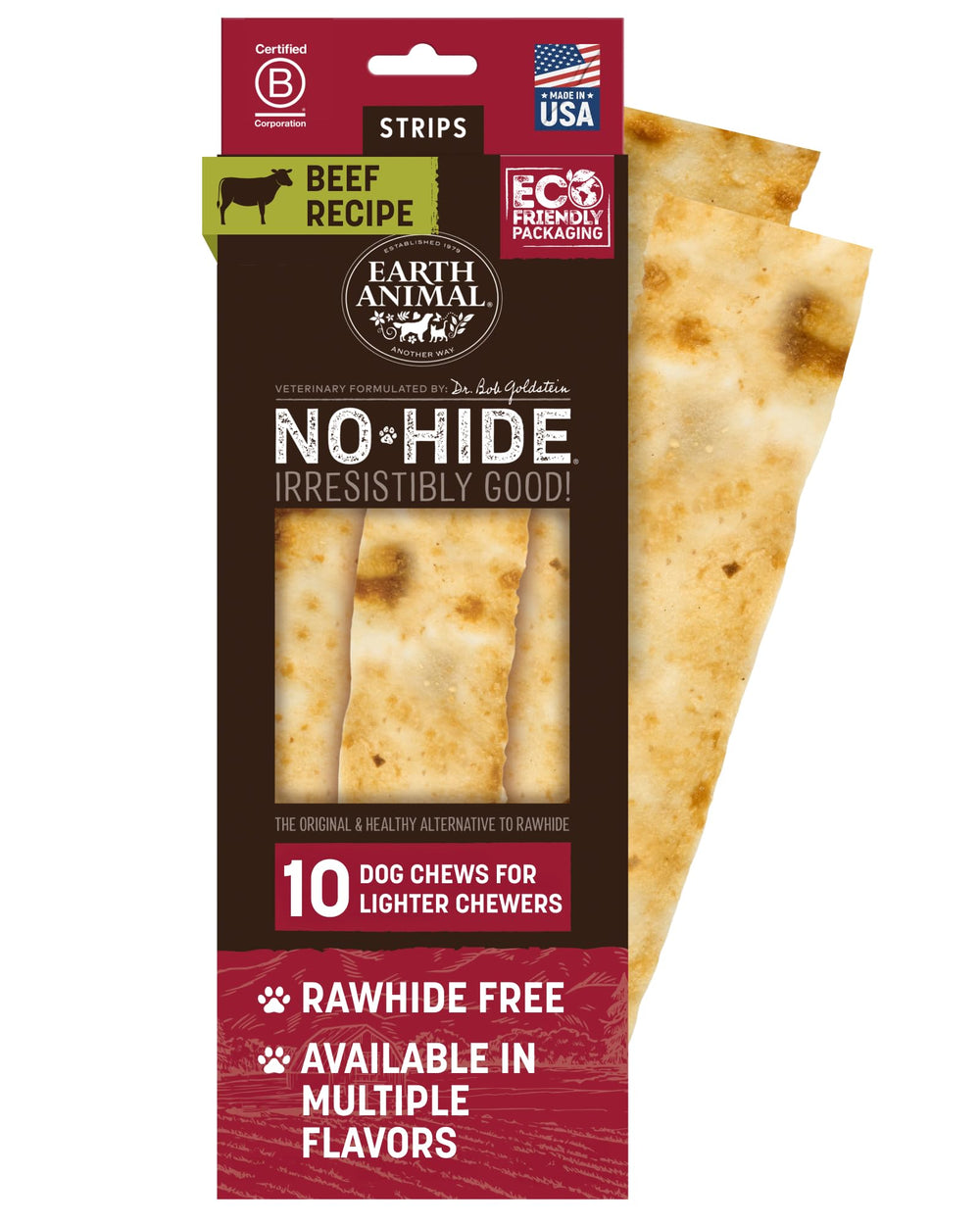 Earth Animal No-Hide Strips package view—digestible dog chew.
