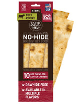 Earth Animal No-Hide Strips package view—digestible dog chew.