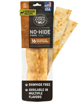 Earth Animal No Hide Strips venison packaging shows a 16-count box for convenient dog chews.