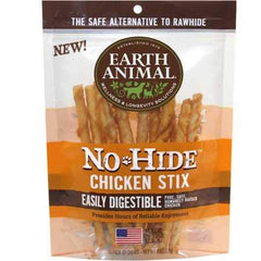 Earth Animal NoHide Chicken Stix 10-pack chews support dental health during daily play.