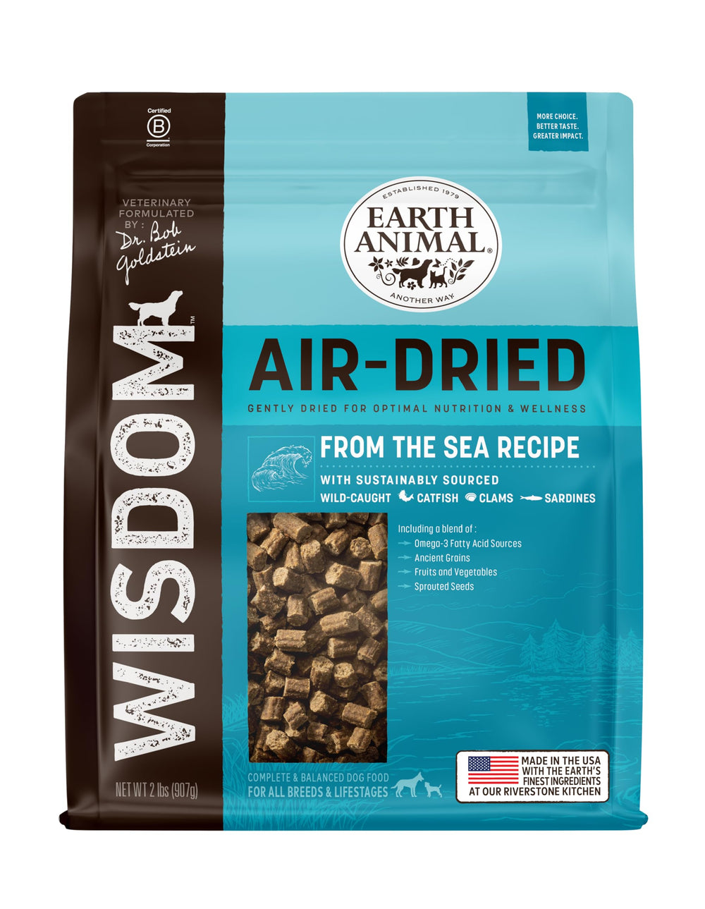 Earth Animal Wisdom air-dried dog food bag front highlights easy serving for all breeds and ages.