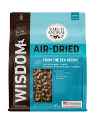 Earth Animal Wisdom air-dried dog food bag front highlights easy serving for all breeds and ages.