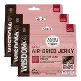 Earth Animal Wisdom Air Dried Jerky land-recipe packaging shows premium dog treats for daily rewards.