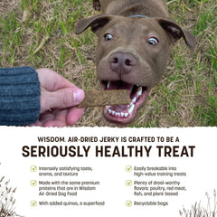 Earth Animal Wisdom air-dried jerky open bag shows real ingredients for satisfying snacks.