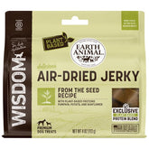 Earth Animal Wisdom air-dried jerky pack shot highlights premium plant-based dog treats for daily chewing.