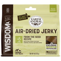 Earth Animal Wisdom air-dried jerky pack shot highlights premium plant-based dog treats for daily chewing.