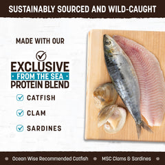 Earth Animal Wisdom sea-ingredients closeup features sardines, catfish, and clams for balanced nutrition.