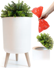 Earth & Mango small outdoor trash can with lid blends with patio decor for discreet pet waste disposal.