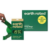 Earth Rated dog poop bags with handles on box front for quick cleanup.