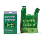 Earth Rated dog poop bags with handles in a box showing easy-tie design for quick cleanups.