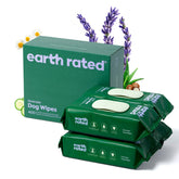 Earth Rated dog wipes lavender pack closeup for gentle cleansing of paws and coat.