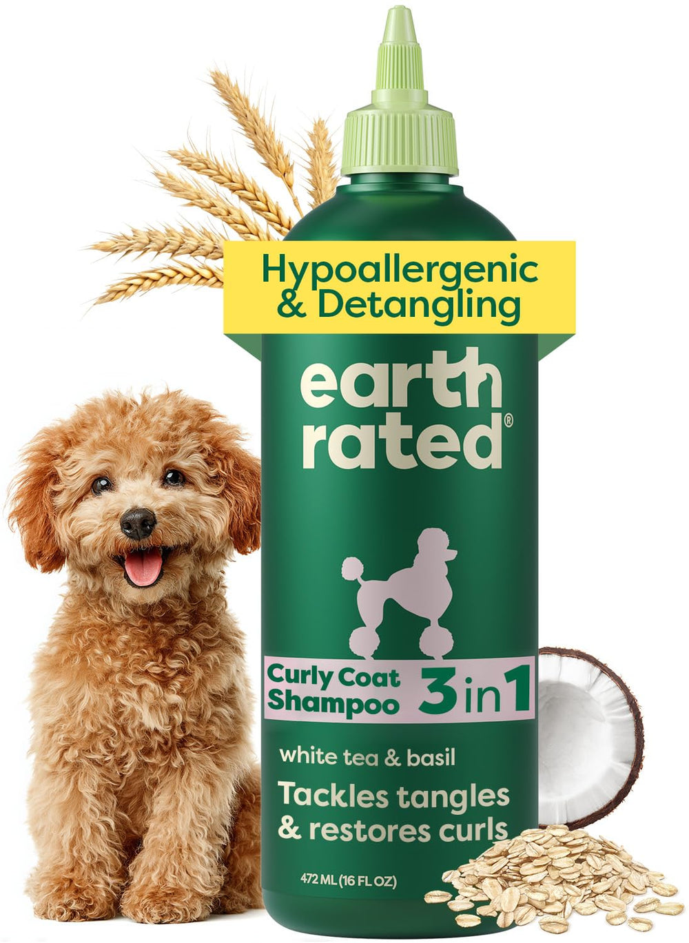 Earth Rated hypoallergenic 3-in-1 detangle dog shampoo bottle close-up for gentle cleansing.