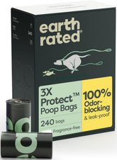 Earth Rated odor-blocking poop bags on a roll showcasing 3x protect for odor control during walks.