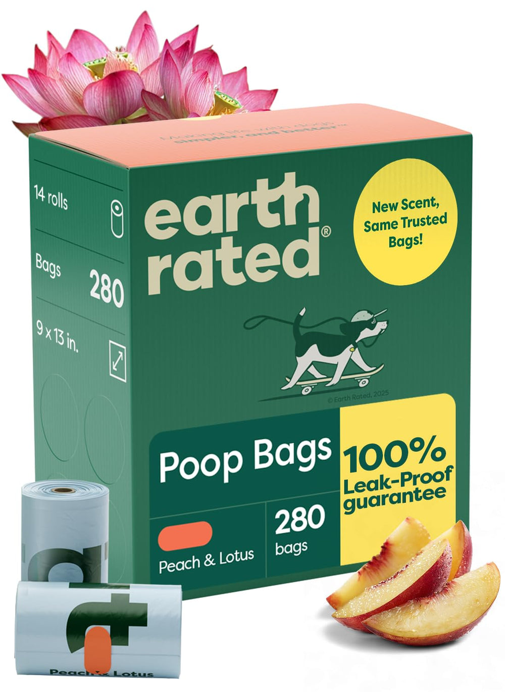 Earth Rated peach-lotus roll closeup showing leak-proof bags and scent