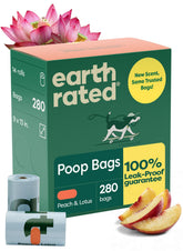 Earth Rated peach-lotus roll closeup showing leak-proof bags and scent
