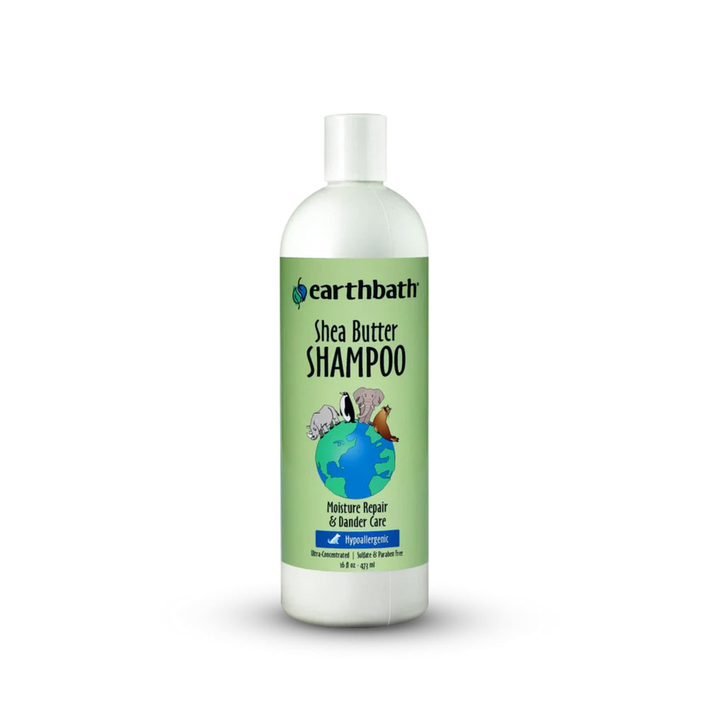 earthbath Shea Butter Shampoo bottle closeup shows plant-based clean for sensitive skin