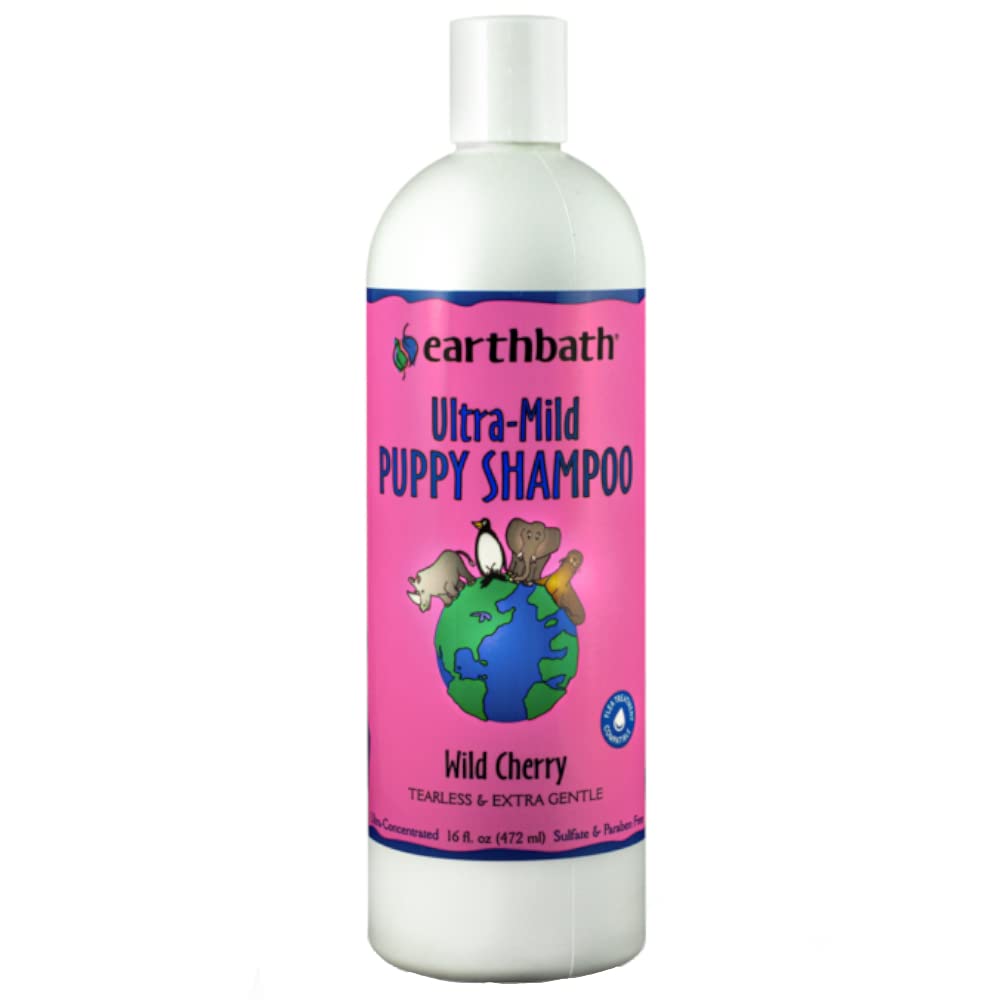 earthbath Ultra-Mild Wild Cherry Puppy Shampoo bottle demonstrates gentle cleansing for sensitive puppy coats