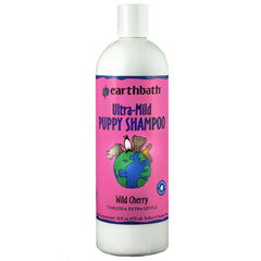 earthbath Ultra-Mild Wild Cherry Puppy Shampoo bottle demonstrates gentle cleansing for sensitive puppy coats