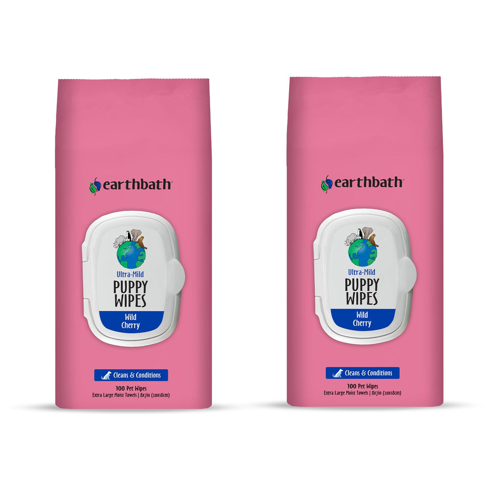 Earthbath Ultra-Mild Wild Cherry Puppy Wipes packaging highlights cruelty-free, USA-made dog care for cleanup