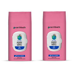 Earthbath Ultra-Mild Wild Cherry Puppy Wipes packaging highlights cruelty-free, USA-made dog care for cleanup