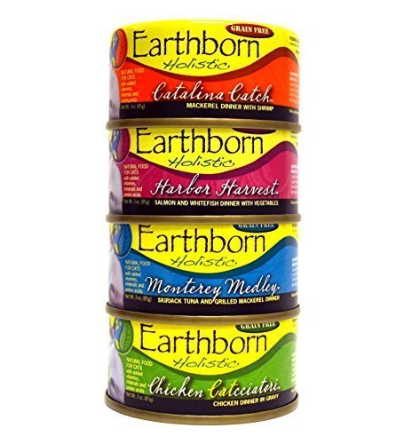 Earthborn Holistic wet cat food variety pack of 12 cans with four flavors for hydration and protein.