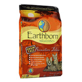 Earthborn Holistic Primitive Feline grain-free formula bag close-up, emphasizing high-protein meals for cats.