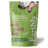 earthbones packaging shows 30 natural dental chews for small dogs.