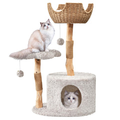 Easyego modern cat tree with natural pear wood for sturdy large-cat lounging