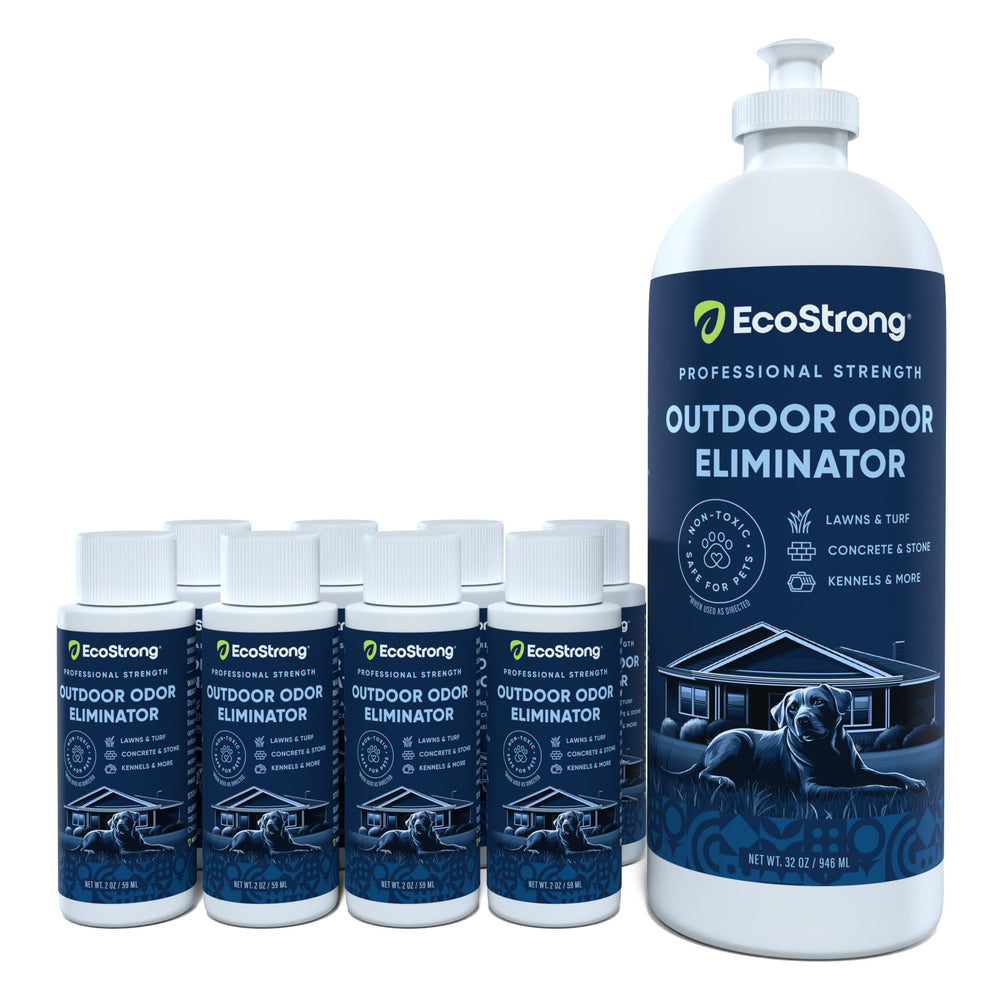 Eco Strong outdoor odor eliminator bottle neutralizes pet smells on surfaces with fresh eucalyptus.