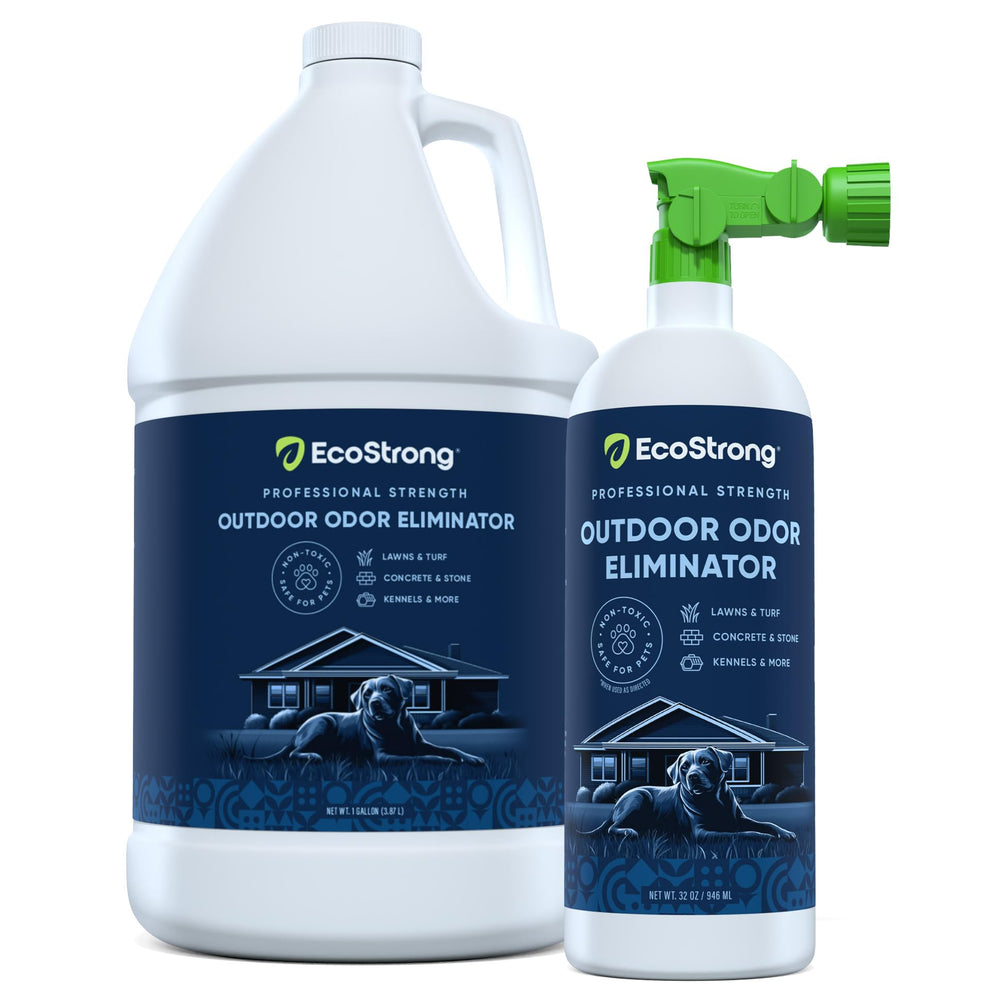 Eco Strong Outdoor Odor Eliminator bottle demonstrates chemical-free odor removal for yards