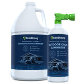 Eco Strong Outdoor Odor Eliminator bottle demonstrates chemical-free odor removal for yards
