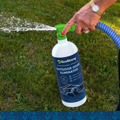 Eco Strong Outdoor Odor Eliminator yard surface spray demonstrates multi-surface deodorizing for yards.