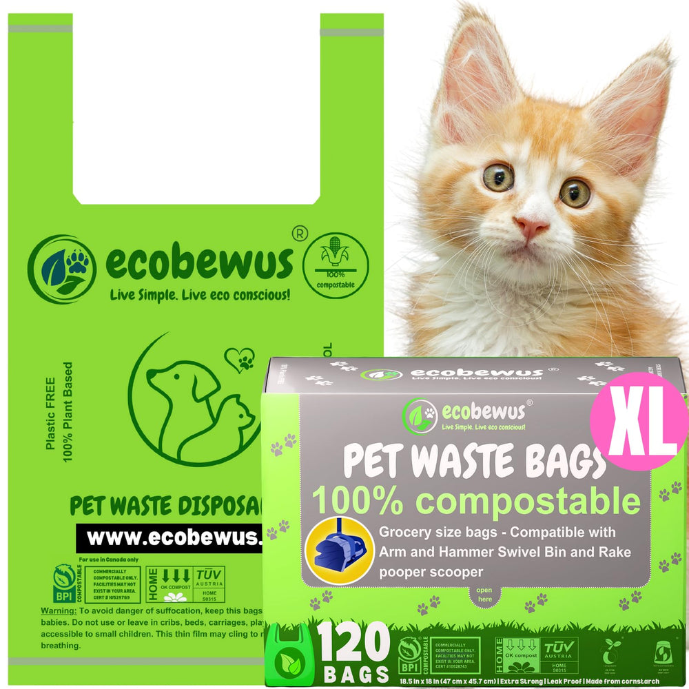 ecobewus xl pet waste bags packaging highlights eco-friendly compostable materials for home use.
