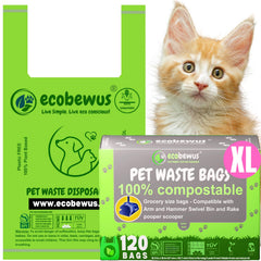 ecobewus xl pet waste bags packaging highlights eco-friendly compostable materials for home use.