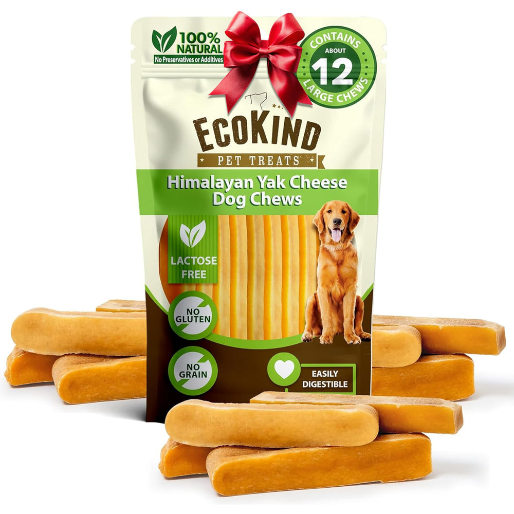 EcoKind Premium Gold Yak Chews packaging signaling all-natural, long-lasting dog treats