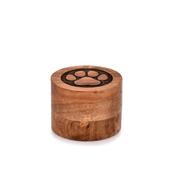 EDHAS Acacia wood urn with paw-design, a lasting pet memorial for ashes.