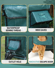 The eekkii heated cat house elevated base keeps interior dry by lifting off the ground.