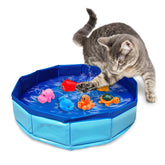 Eelexa portable cat pool setup with 6 fish toys boosts interactive play and curiosity.