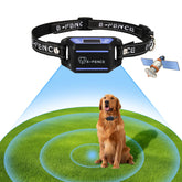 E-FENCE GPS wireless dog fence unit keeping a dog safely contained outdoors.