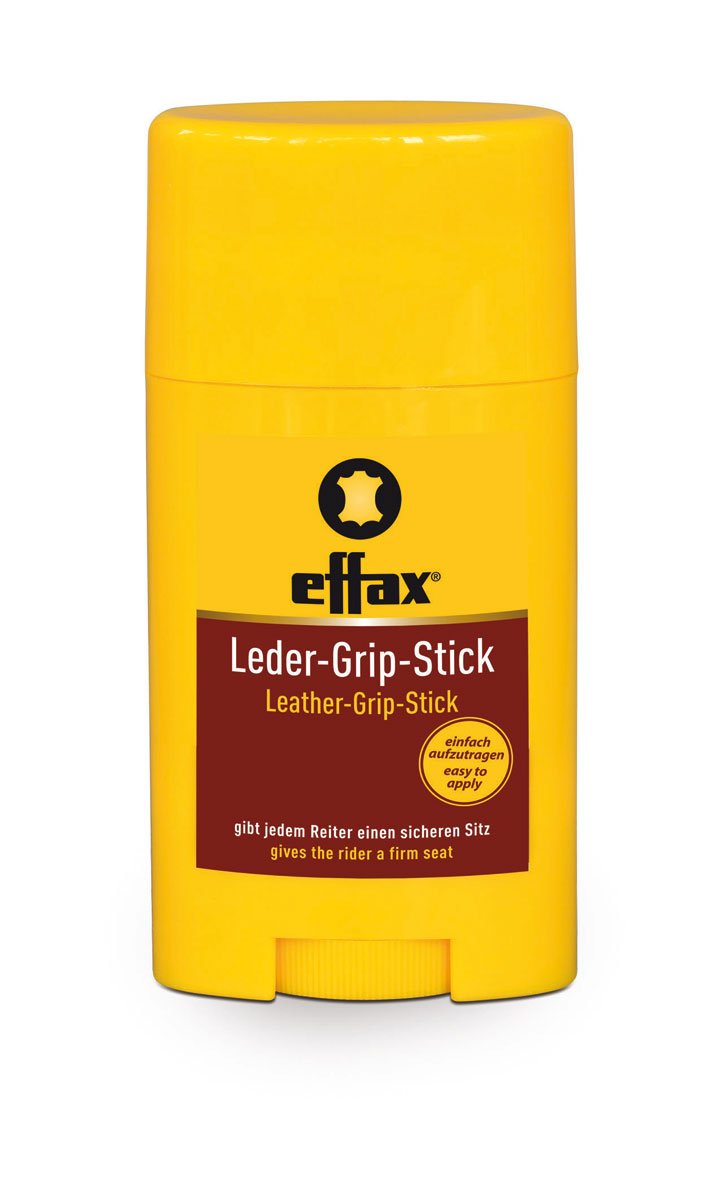 Effax Leather Grip Stick brown 50ml application showing secure tack grip during riding