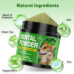 Eglagen dog dental powder tub closeup highlights probiotic formula