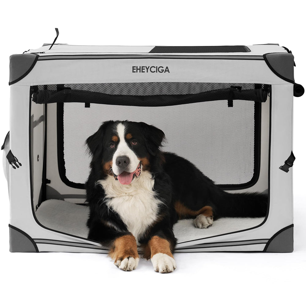 EHEYCIGA collapsible dog crate setup demonstrates quick assembly for stress-free travel