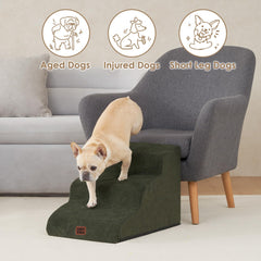 EHEYCIGA curved dog stairs 3-step usage illustrates comfortable height and gentle incline.