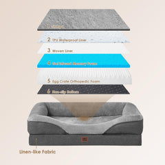 EHEYCIGA dog bed side view highlights four-sided bolster for neck cradle.
