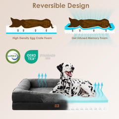 EHEYCIGA memory foam XL dog bed side view emphasizes four-sided bolster for neck support